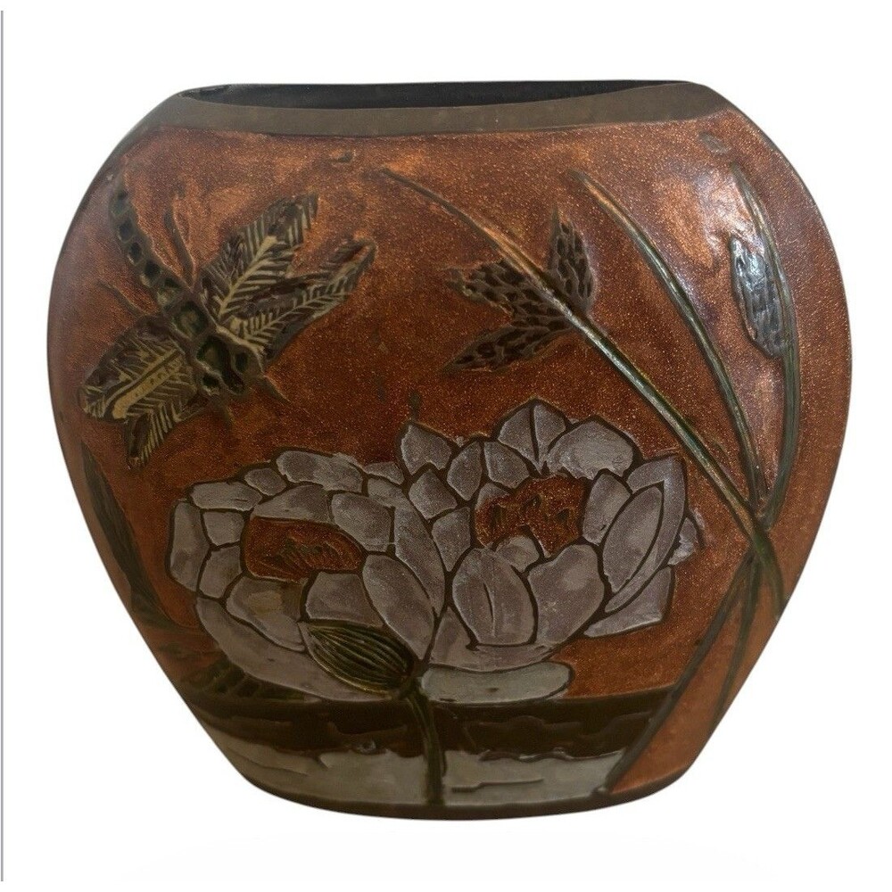 Vintage India Brass Cloisonne Dragonfly Pink Lotus Flower Pocket Vase Bud 4x4.25